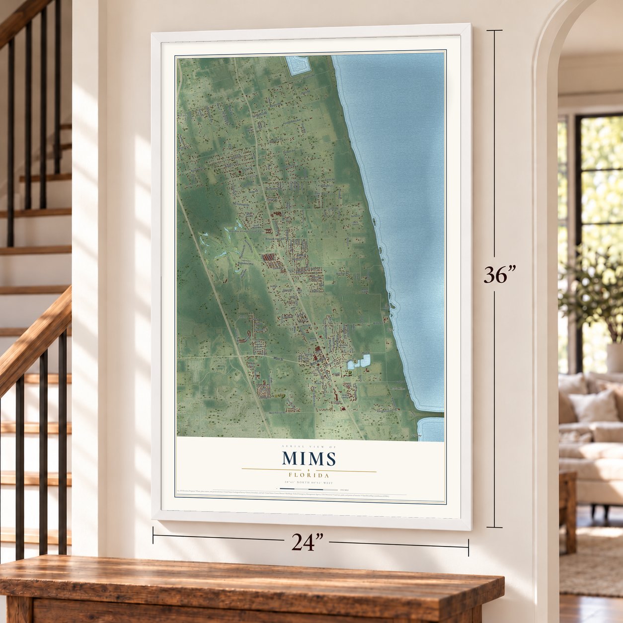 Mims, Florida map, 24 x 36 inch print in a white frame by a staircase