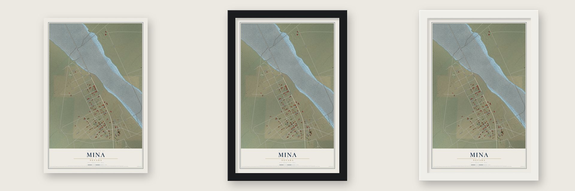 Mina, Nevada map unframed, in a black wood frame and in a white wood frame