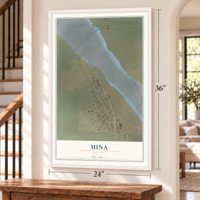 Mina, Nevada map, 24 x 36 inch print in a white frame by a staircase