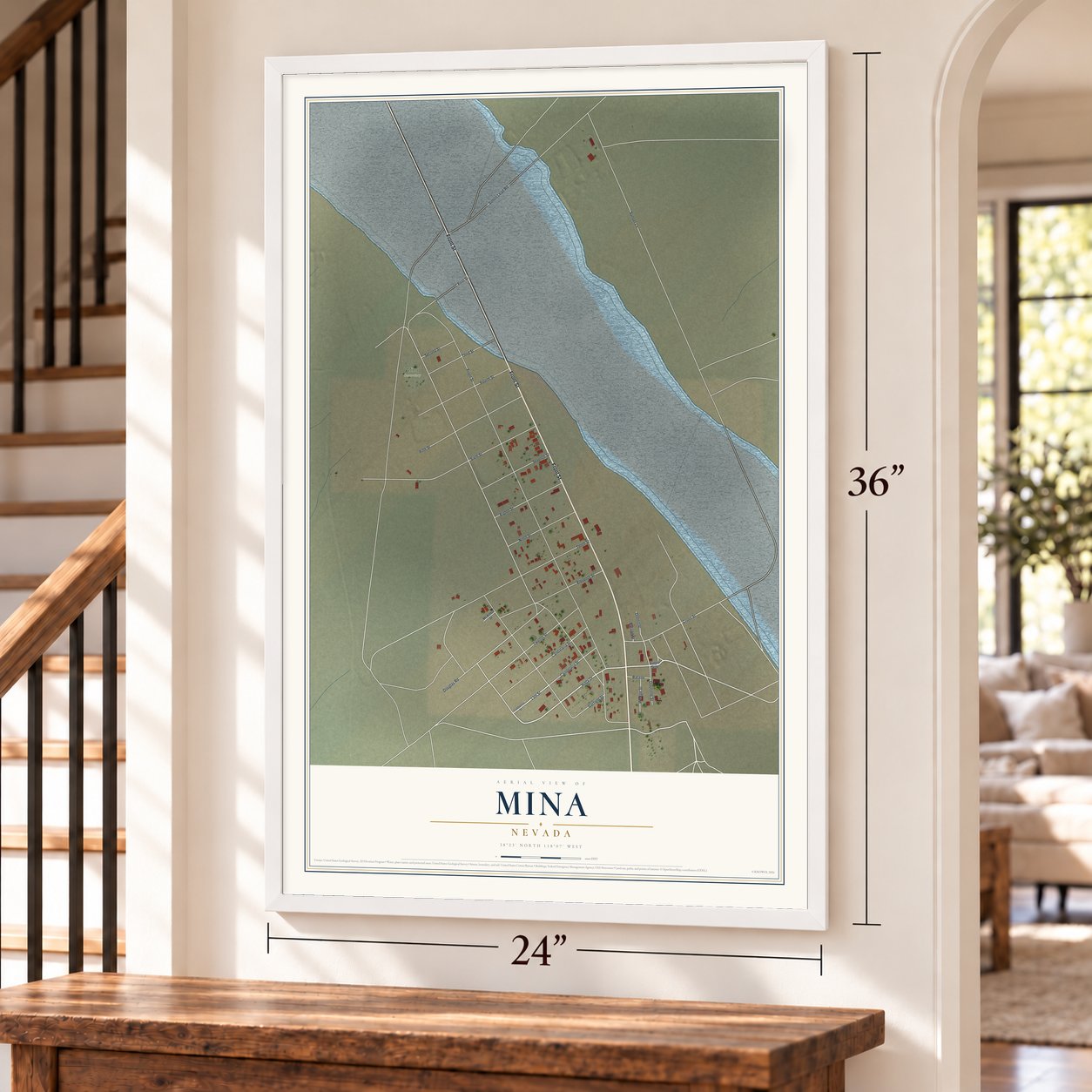 Mina, Nevada map, 24 x 36 inch print in a white frame by a staircase