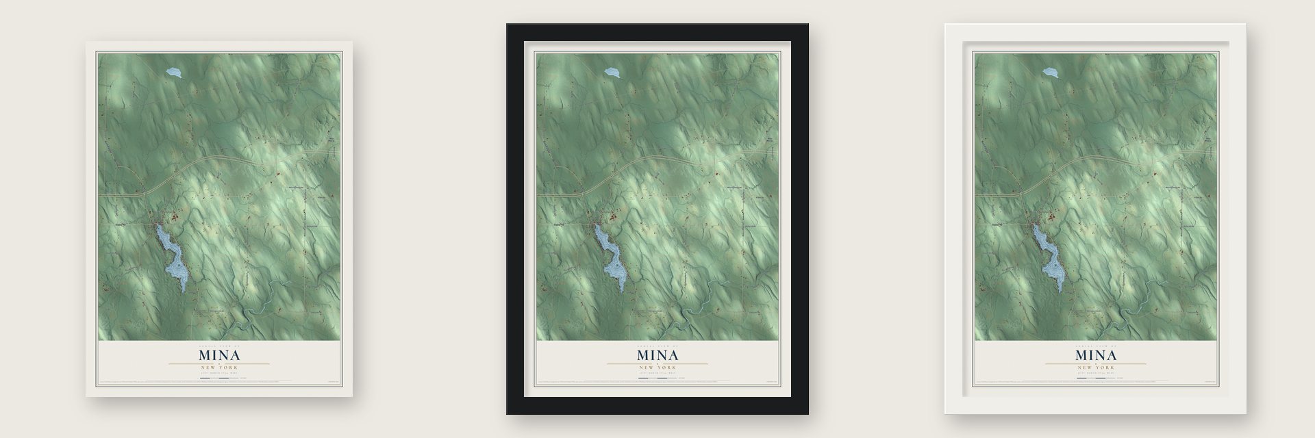 Mina, New York map unframed, in a black wood frame and in a white wood frame