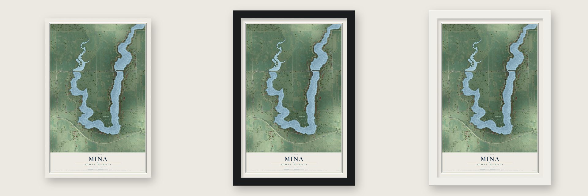 Mina, South Dakota map unframed, in a black wood frame and in a white wood frame