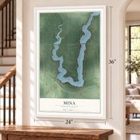 Mina, South Dakota map, 24 x 36 inch print in a white frame by a staircase