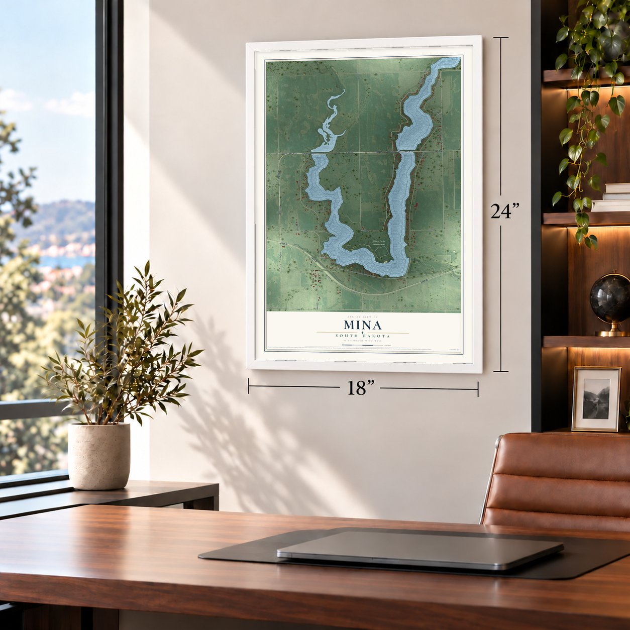 Mina, South Dakota map, 18 x 24 inch print in a white frame in a home office