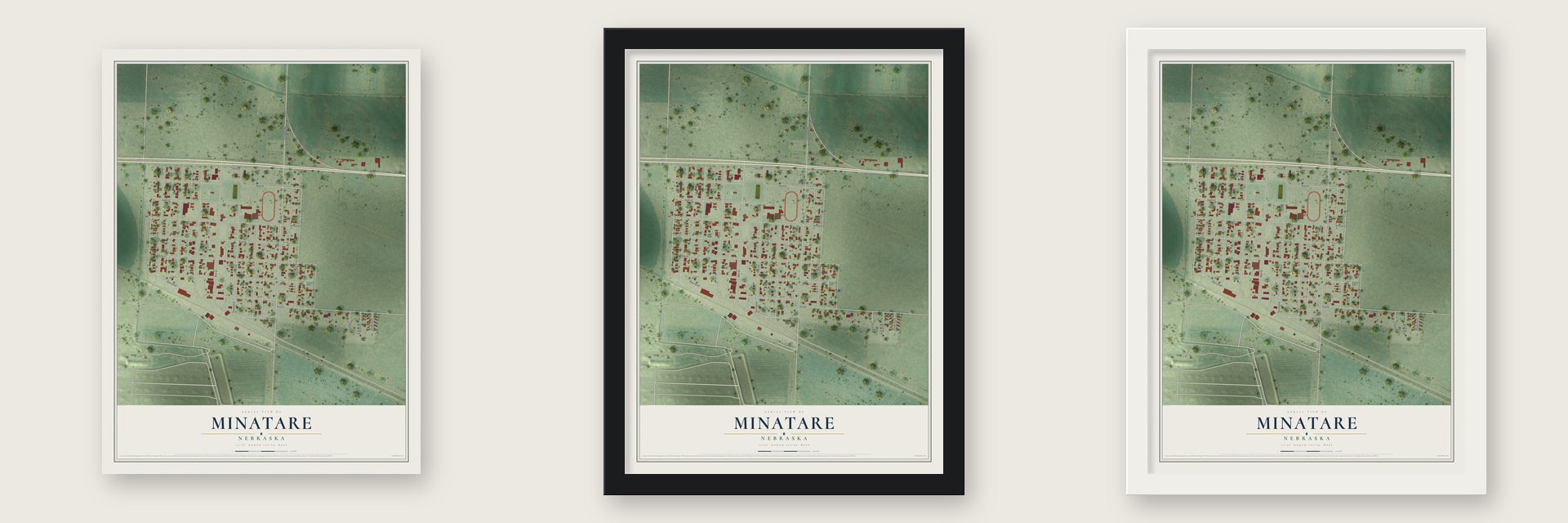 Minatare, Nebraska map unframed, in a black wood frame and in a white wood frame