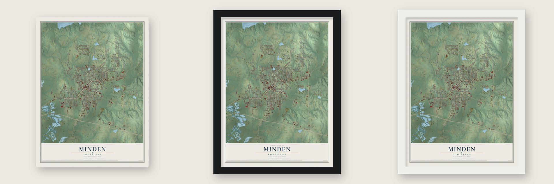 Minden, Louisiana map unframed, in a black wood frame and in a white wood frame