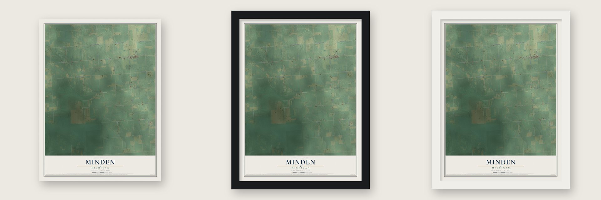 Minden, Michigan map unframed, in a black wood frame and in a white wood frame