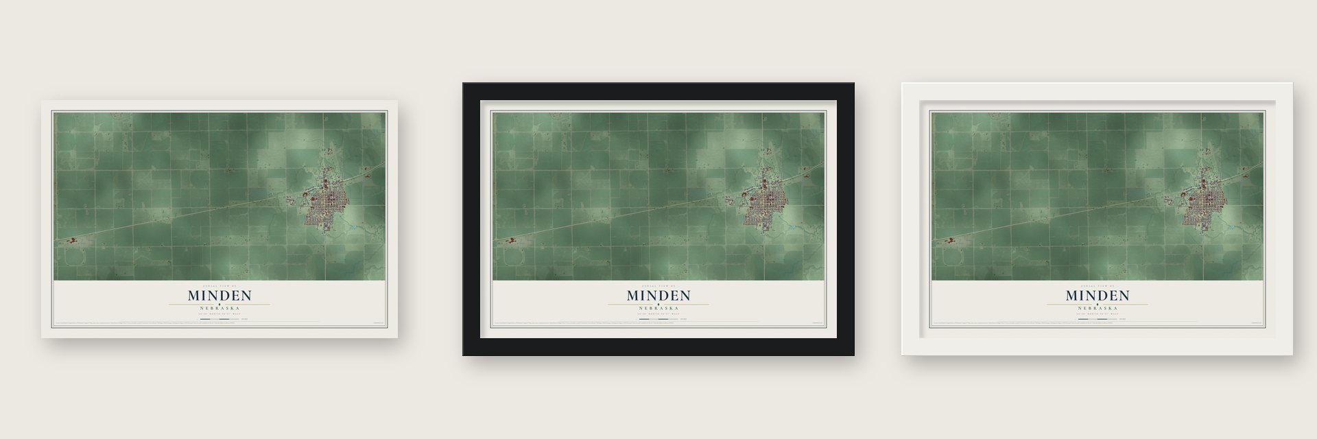 Minden, Nebraska map unframed, in a black wood frame and in a white wood frame