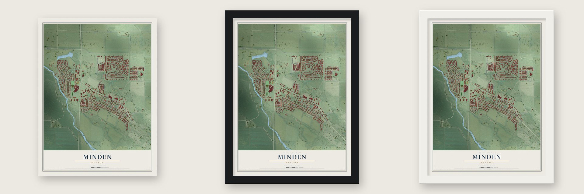 Minden, Nevada map unframed, in a black wood frame and in a white wood frame