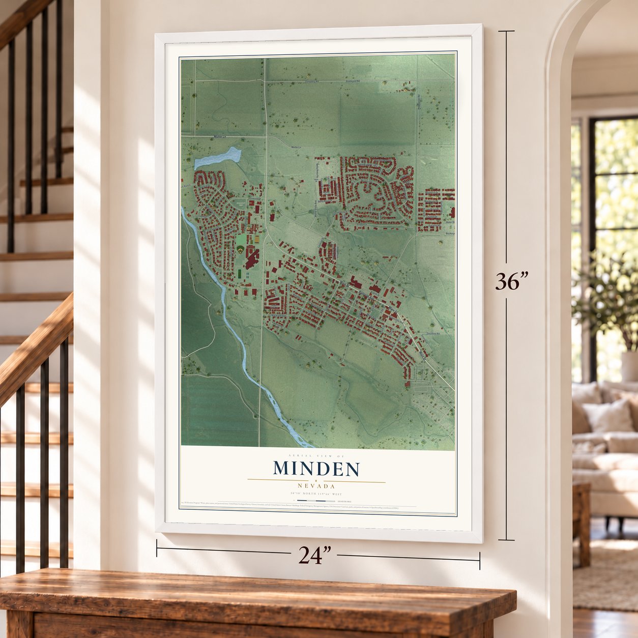Minden, Nevada map, 24 x 36 inch print in a white frame by a staircase