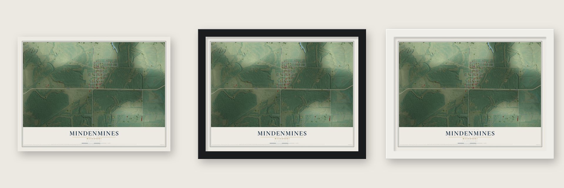 Mindenmines, Missouri map unframed, in a black wood frame and in a white wood frame