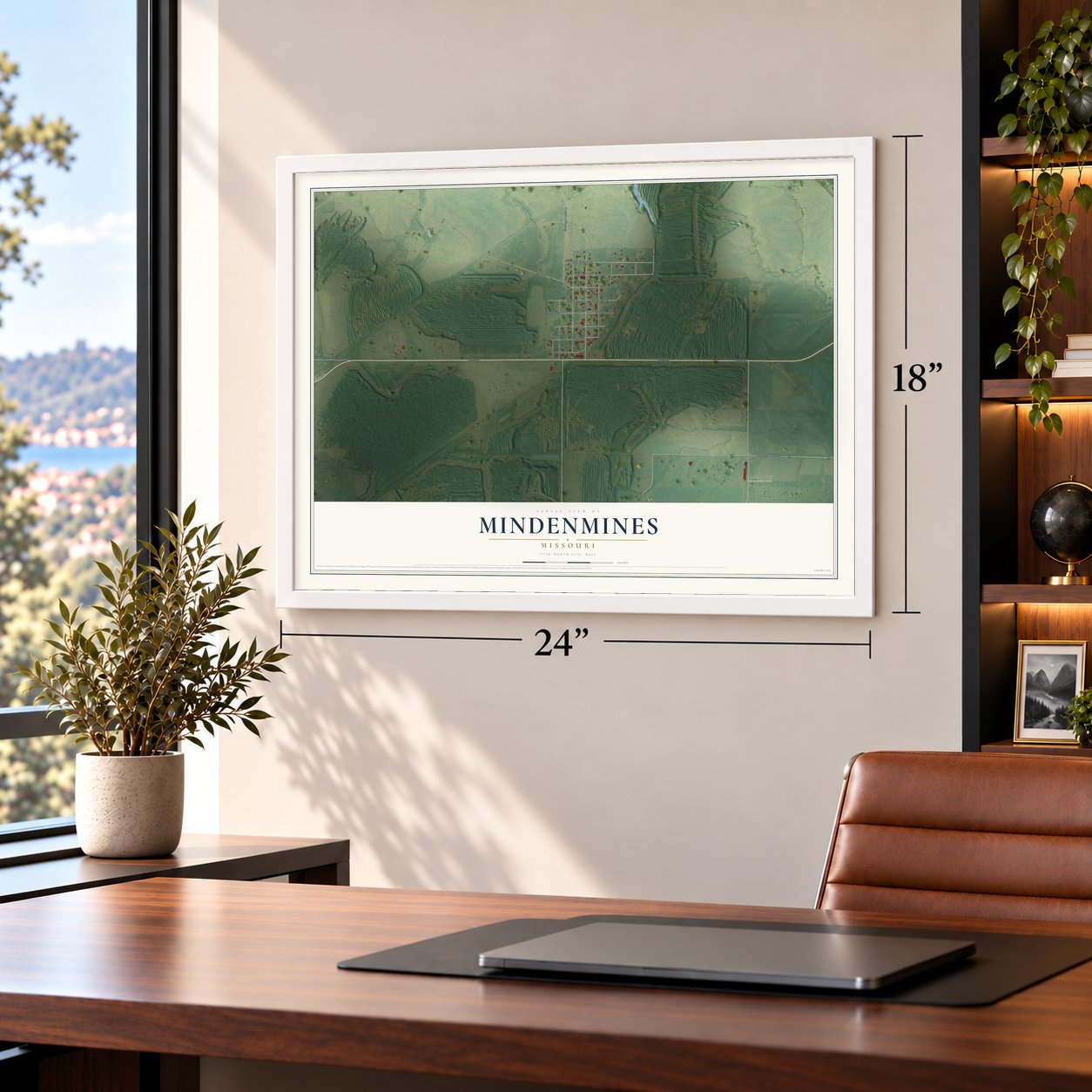Mindenmines, Missouri map, 18 x 24 inch print in a white frame in a home office