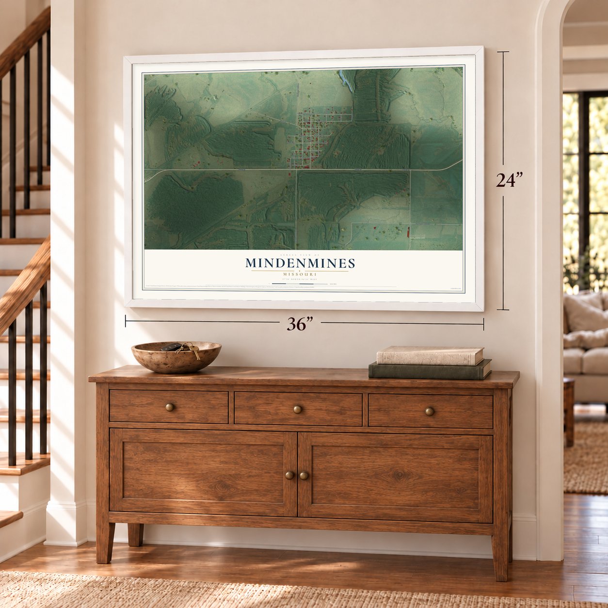 Mindenmines, Missouri map, 24 x 36 inch print in a white frame above a dresser by a staircase