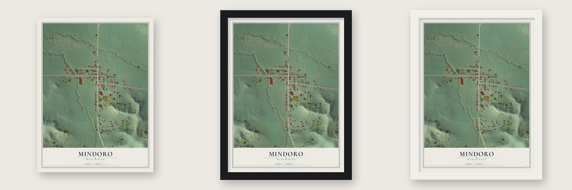 Mindoro, Wisconsin map unframed, in a black wood frame and in a white wood frame