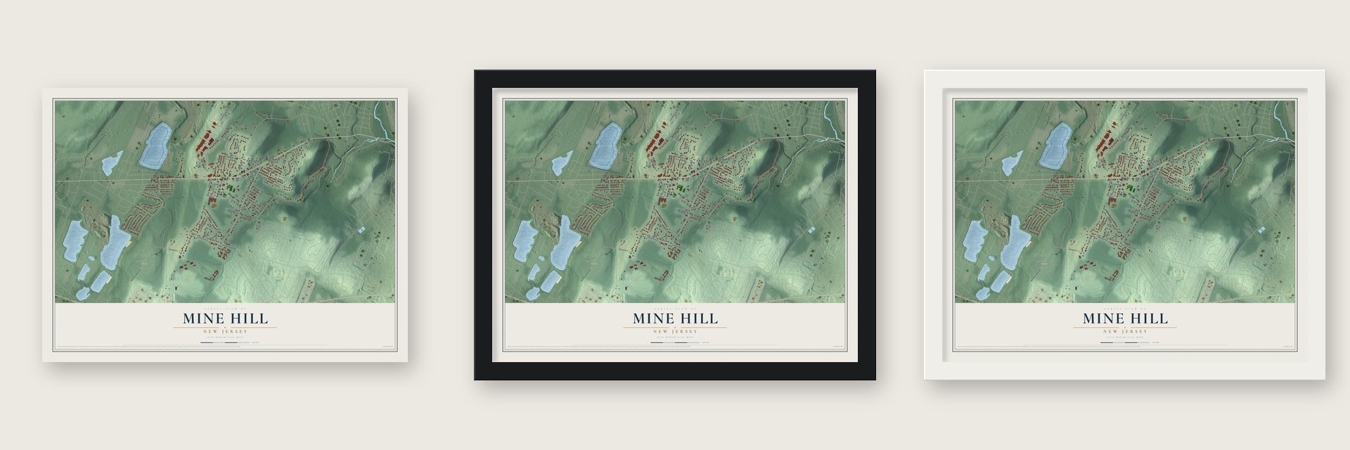 Mine Hill, New Jersey map unframed, in a black wood frame and in a white wood frame
