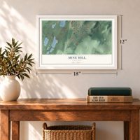 Mine Hill, New Jersey map, 12 x 18 inch print in a white frame in an entryway