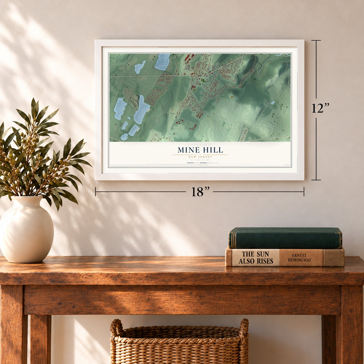Mine Hill, New Jersey map, 12 x 18 inch print in a white frame in an entryway