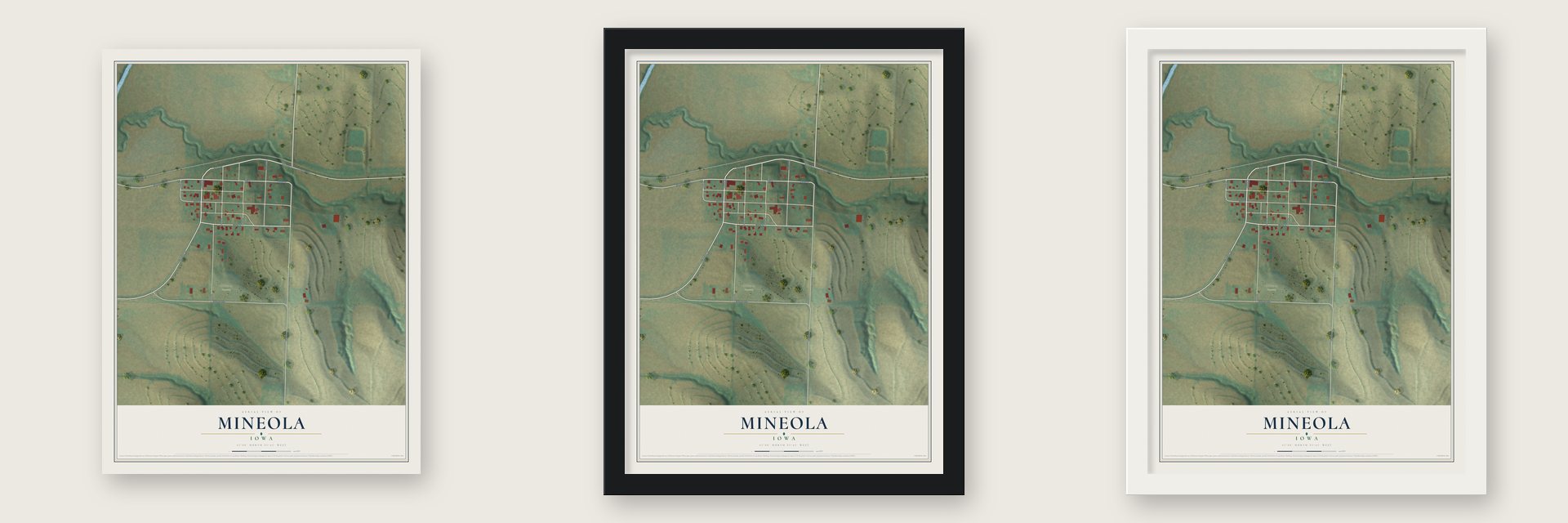 Mineola, Iowa map unframed, in a black wood frame and in a white wood frame