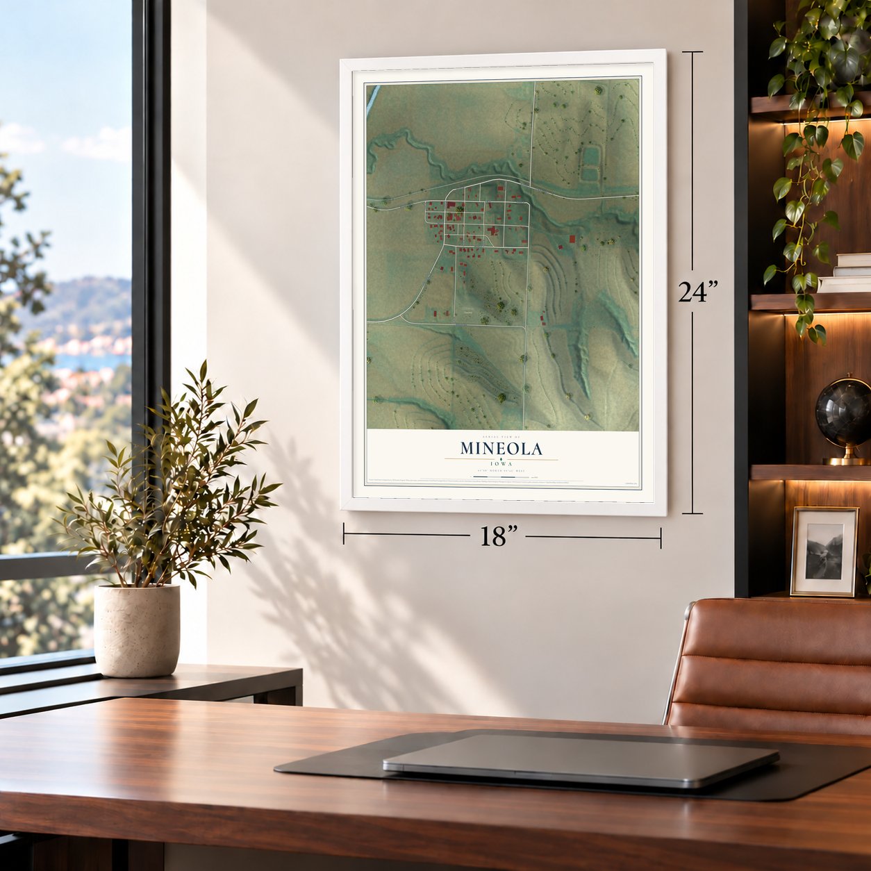 Mineola, Iowa map, 18 x 24 inch print in a white frame in a home office