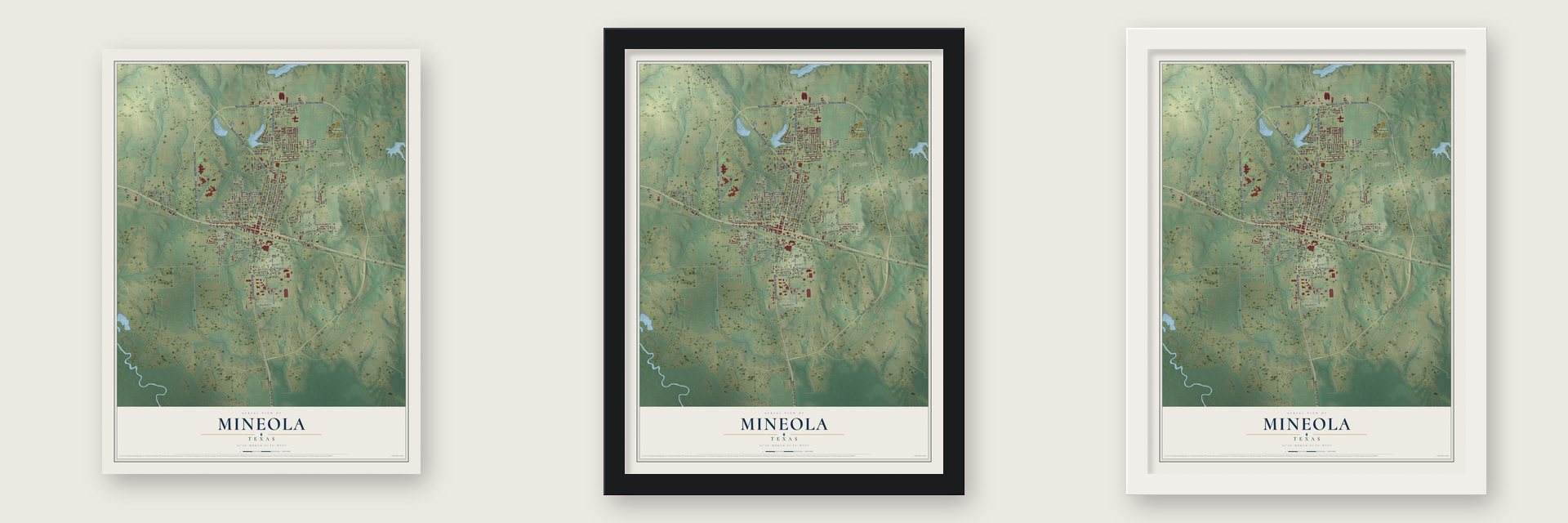 Mineola, Texas map unframed, in a black wood frame and in a white wood frame