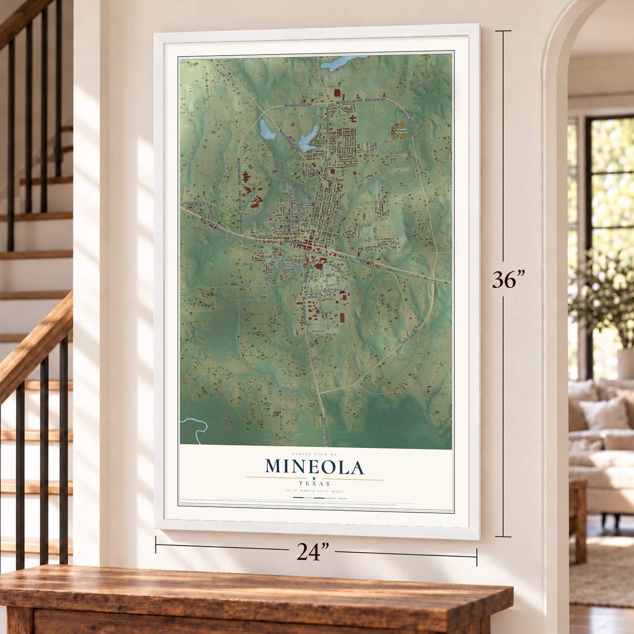 Mineola, Texas map, 24 x 36 inch print in a white frame by a staircase