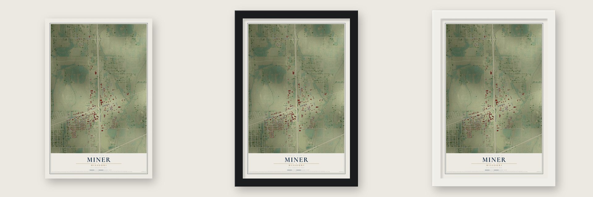 Miner, Missouri map unframed, in a black wood frame and in a white wood frame