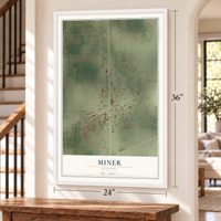 Miner, Missouri map, 24 x 36 inch print in a white frame by a staircase