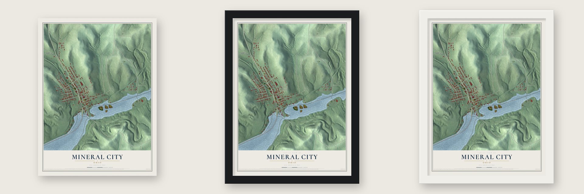 Mineral City, Ohio map unframed, in a black wood frame and in a white wood frame