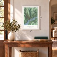 Mineral City, Ohio map, 12 x 18 inch print in a white frame in an entryway