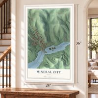 Mineral City, Ohio map, 24 x 36 inch print in a white frame by a staircase