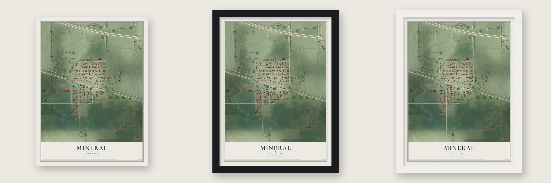 Mineral, Illinois map unframed, in a black wood frame and in a white wood frame