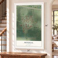 Mineral, Illinois map, 24 x 36 inch print in a white frame by a staircase
