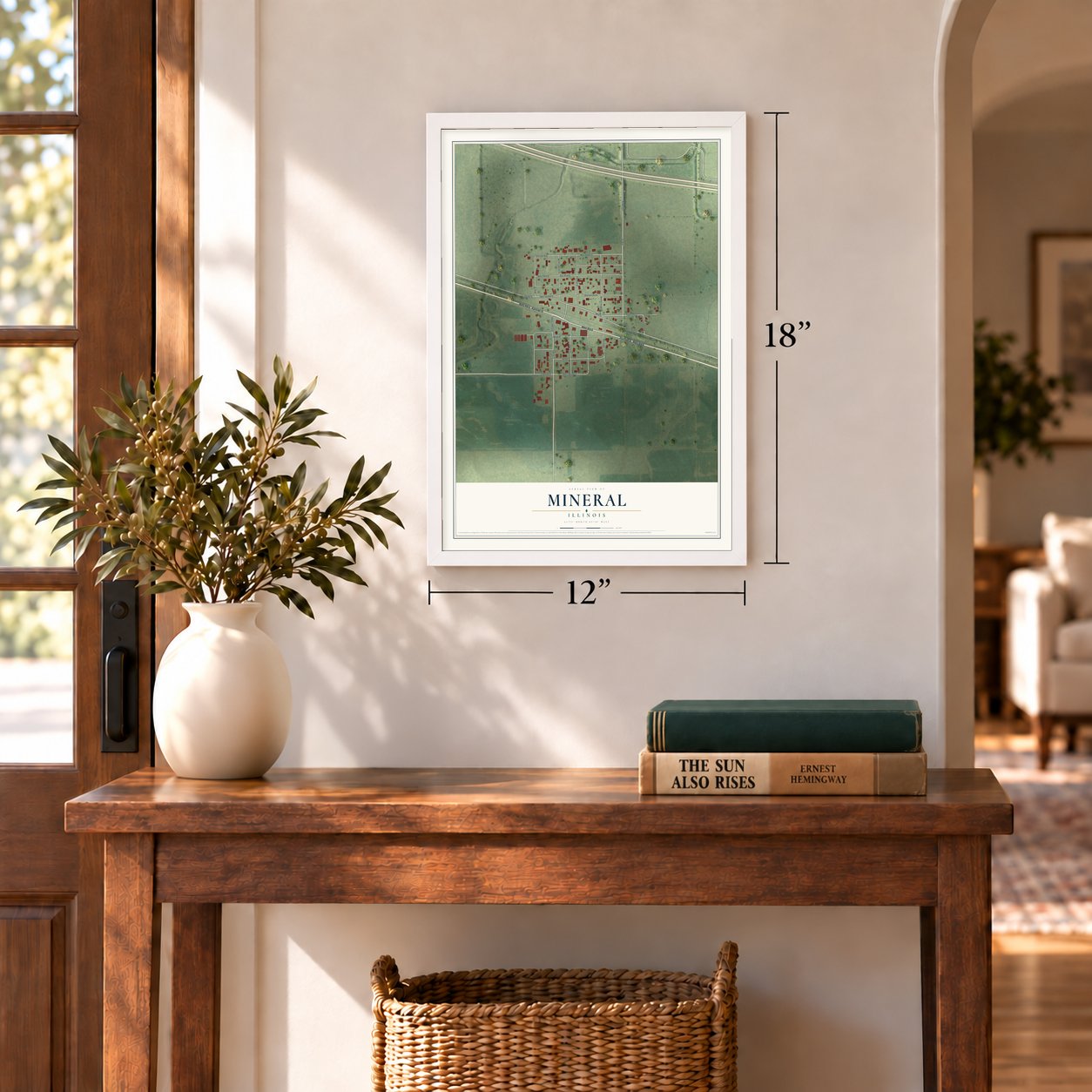 Mineral, Illinois map, 12 x 18 inch print in a white frame in an entryway