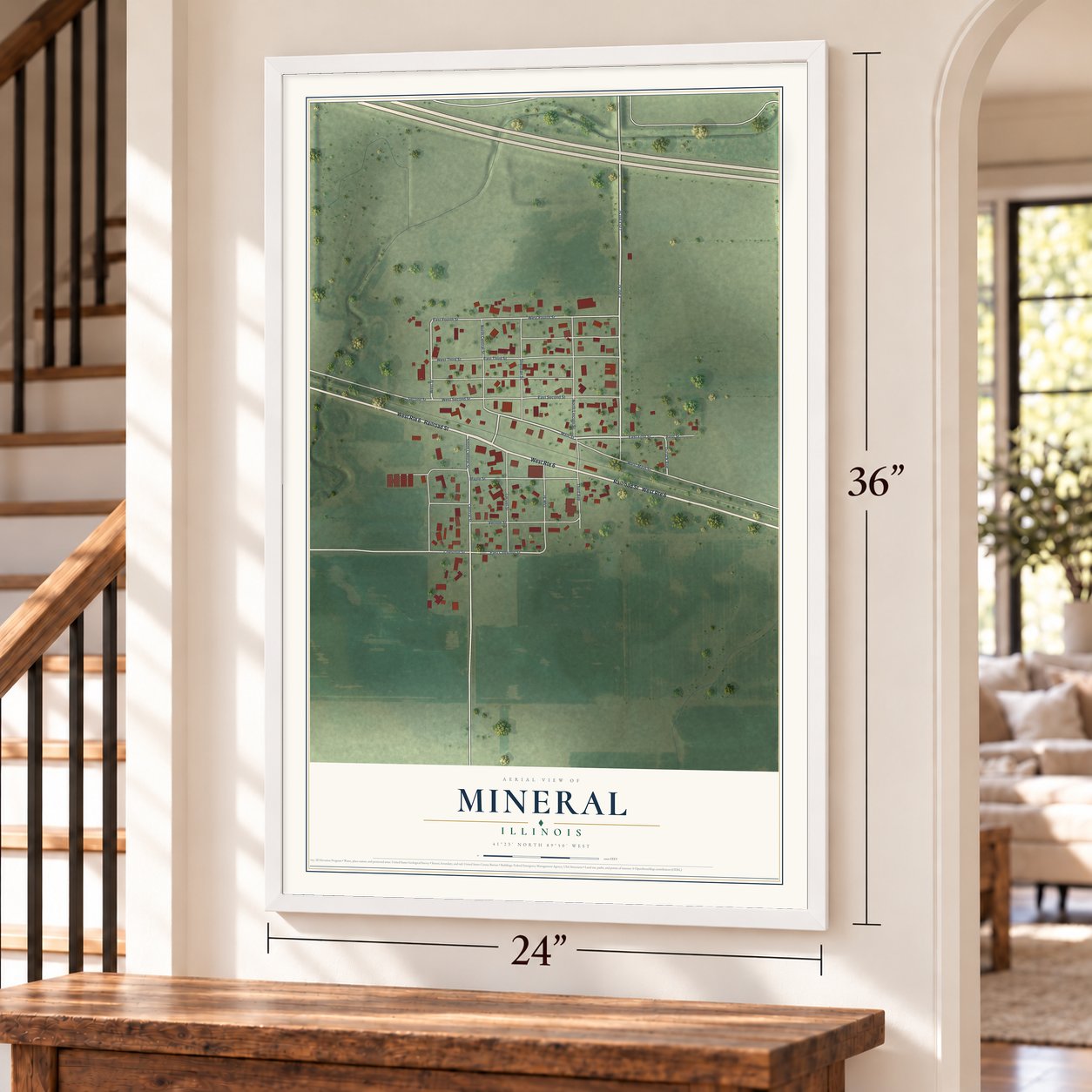 Mineral, Illinois map, 24 x 36 inch print in a white frame by a staircase