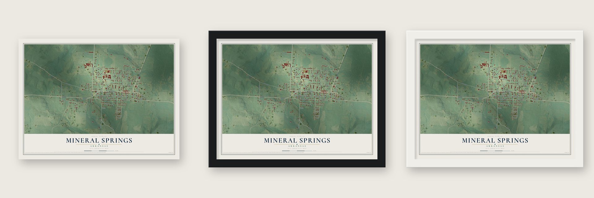 Mineral Springs, Arkansas map unframed, in a black wood frame and in a white wood frame