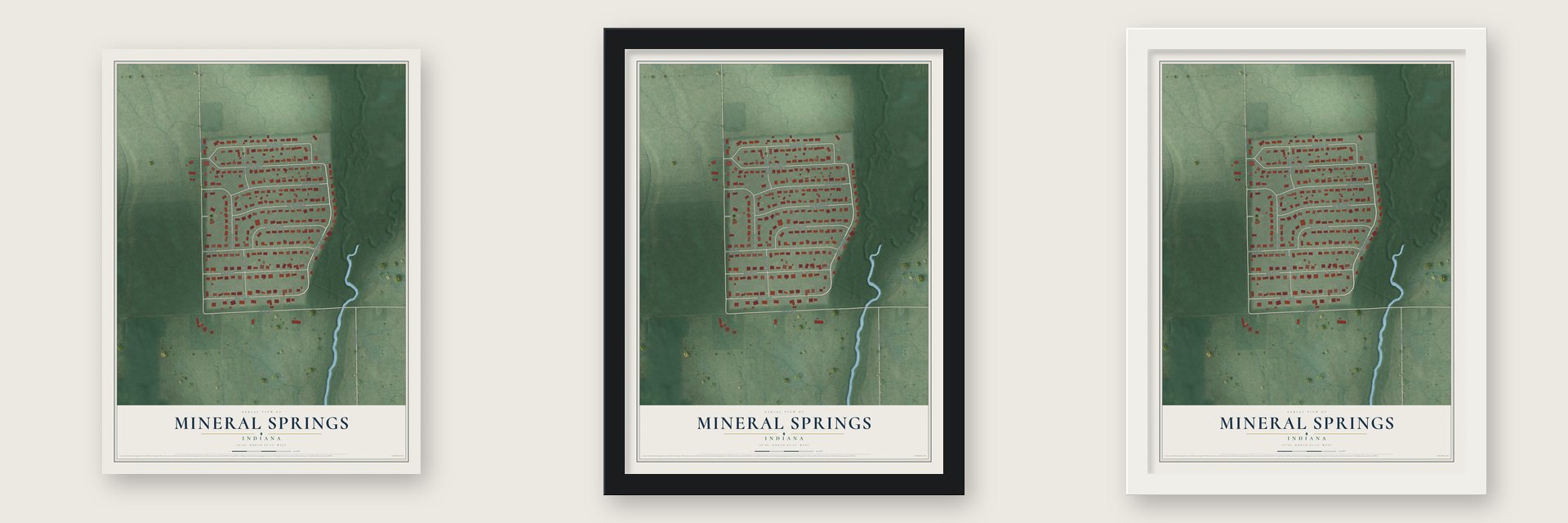 Mineral Springs, Indiana map unframed, in a black wood frame and in a white wood frame