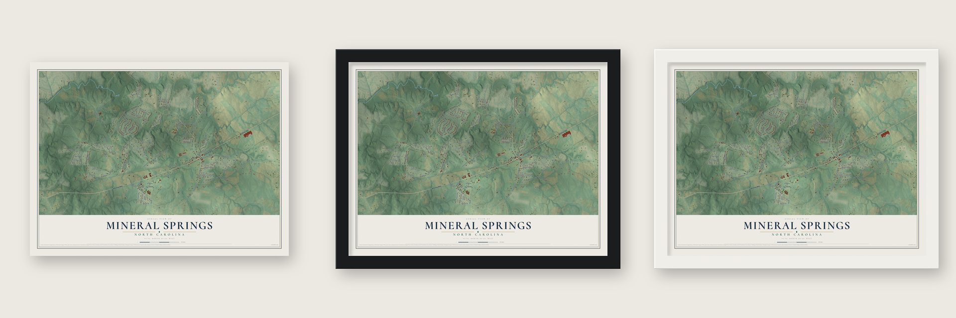 Mineral Springs, North Carolina map unframed, in a black wood frame and in a white wood frame