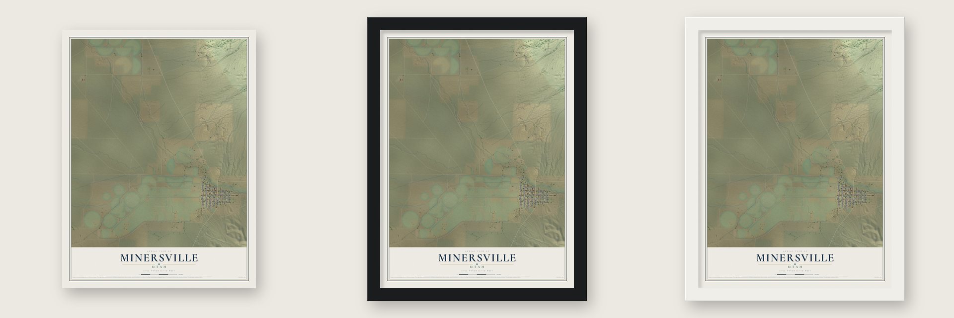 Minersville, Utah map unframed, in a black wood frame and in a white wood frame