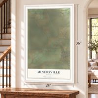 Minersville, Utah map, 24 x 36 inch print in a white frame by a staircase