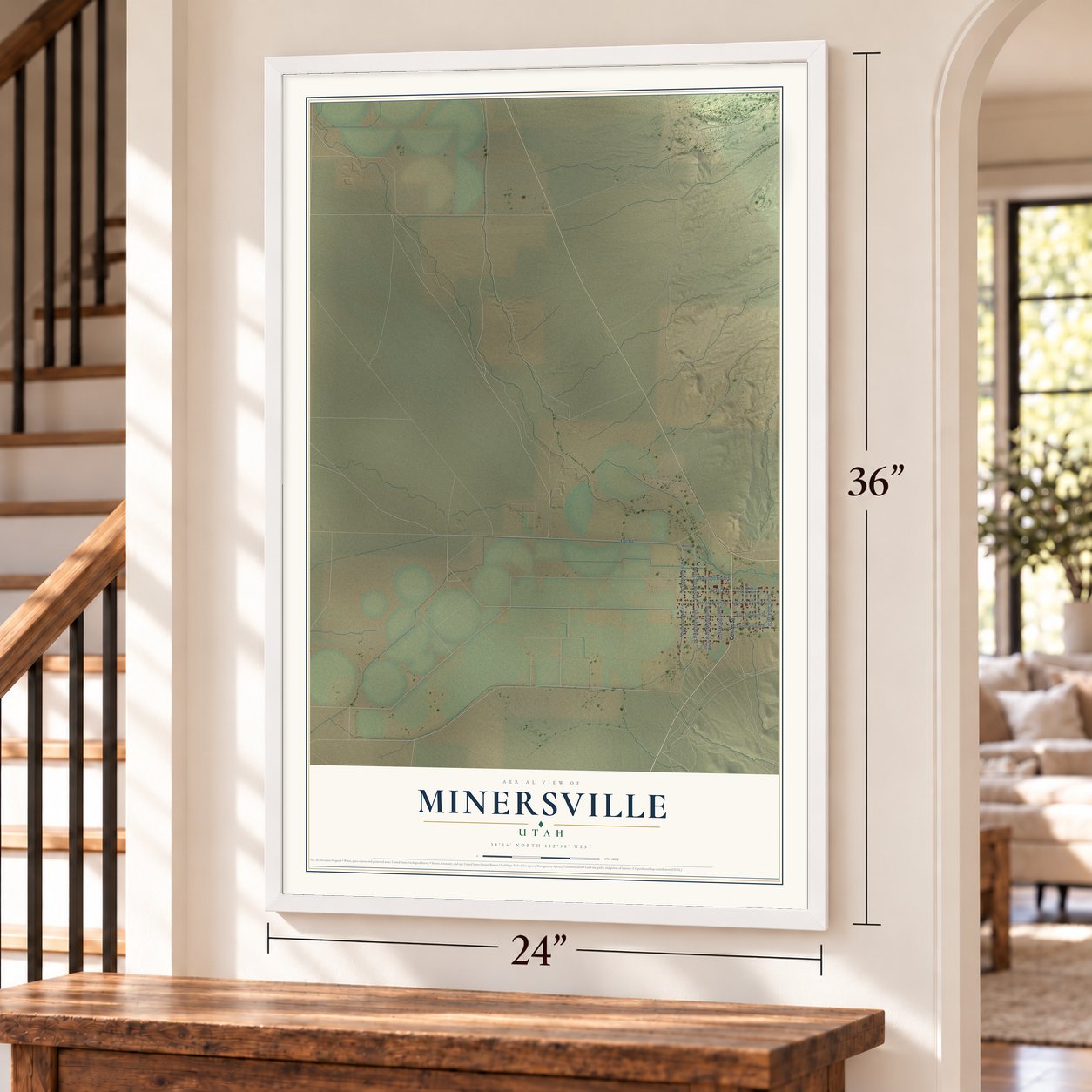 Minersville, Utah map, 24 x 36 inch print in a white frame by a staircase