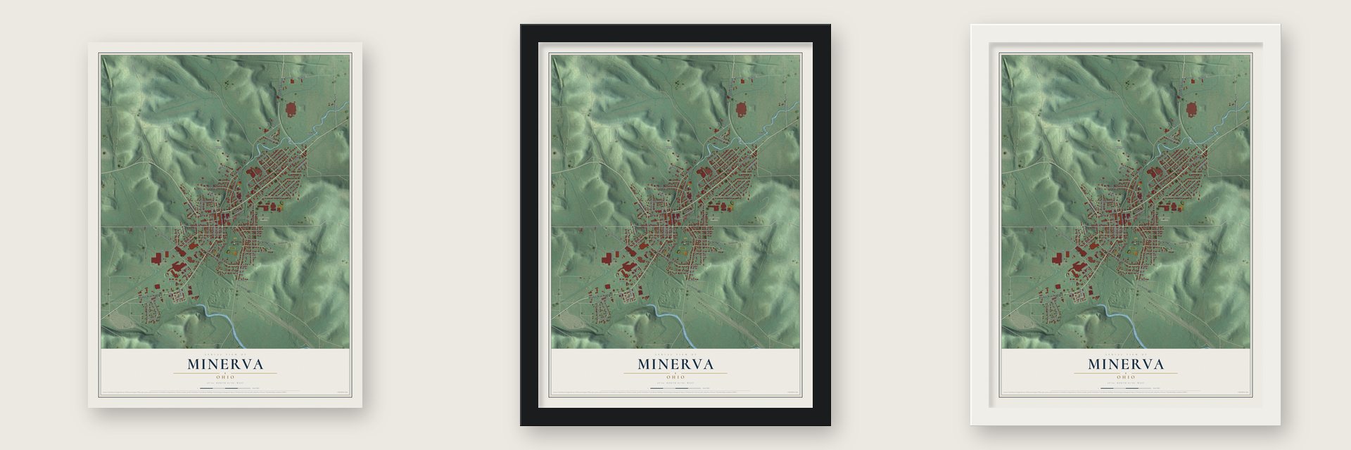 Minerva, Ohio map unframed, in a black wood frame and in a white wood frame
