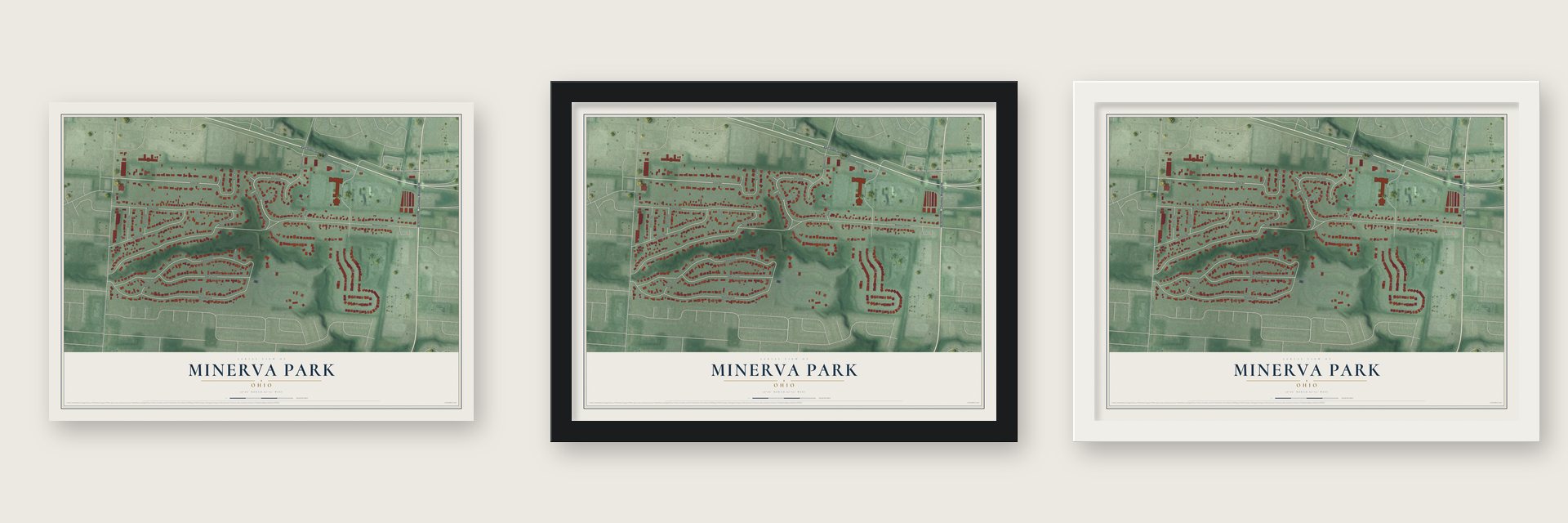 Minerva Park, Ohio map unframed, in a black wood frame and in a white wood frame