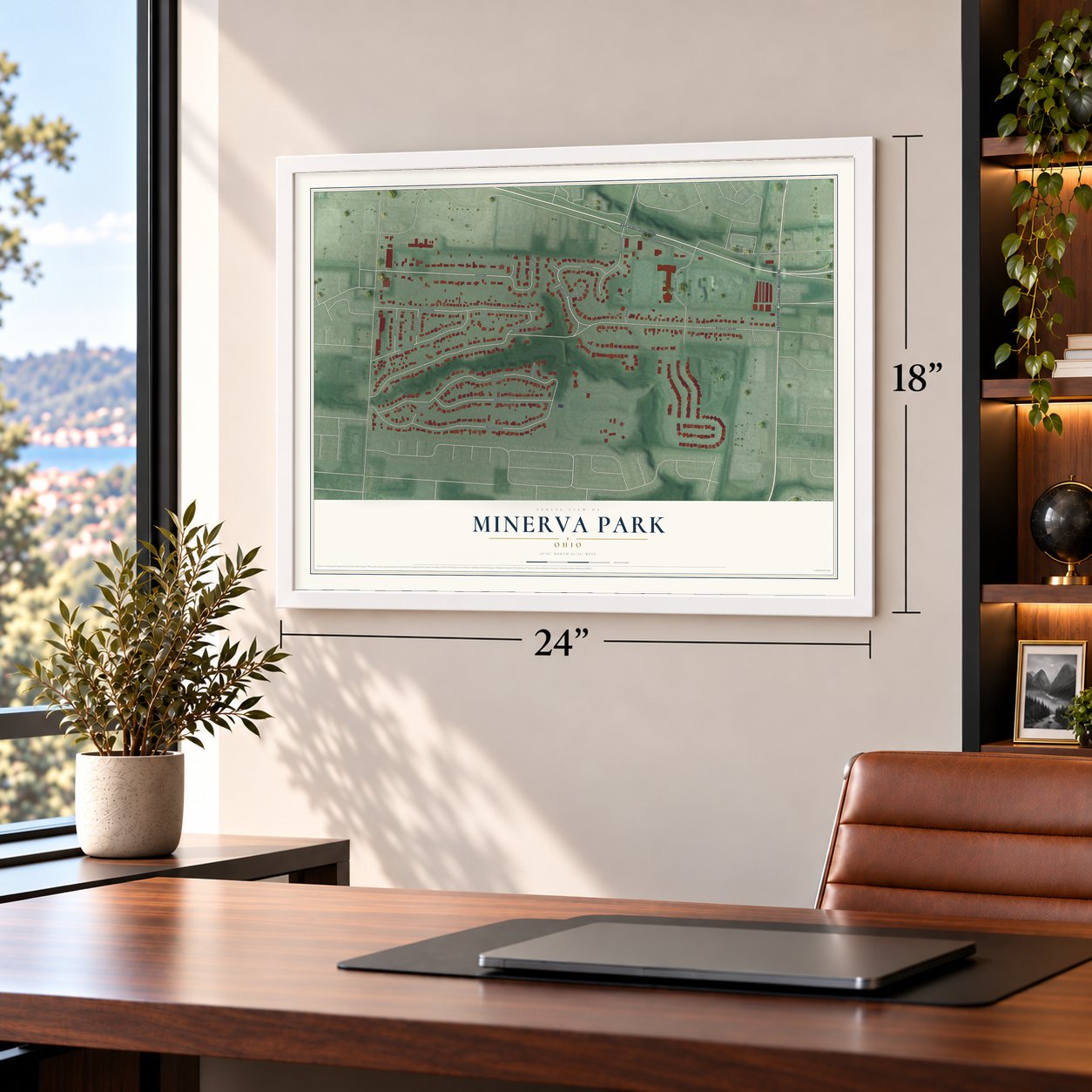 Minerva Park, Ohio map, 18 x 24 inch print in a white frame in a home office