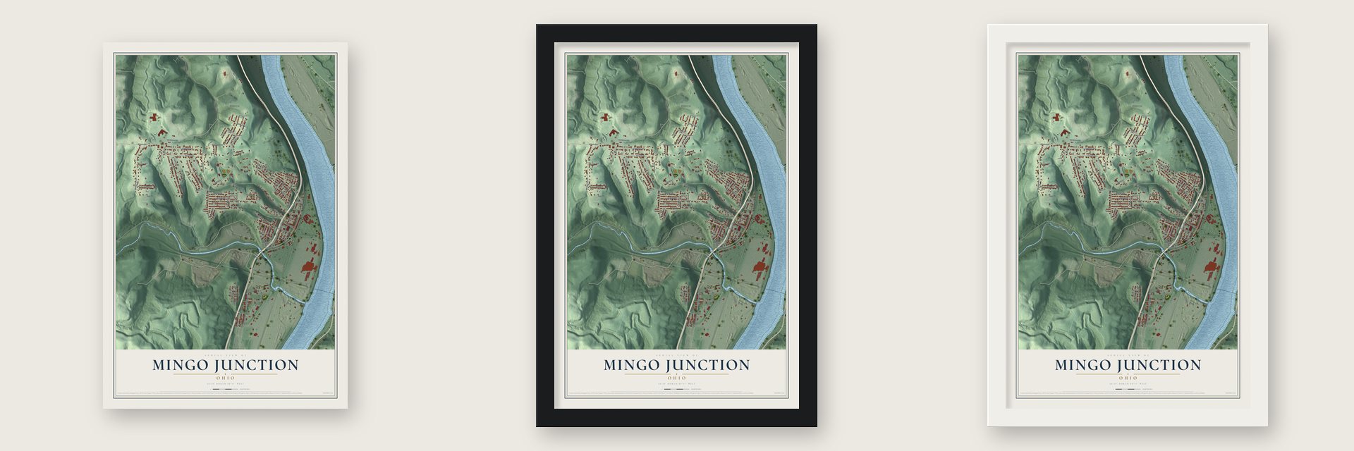 Mingo Junction, Ohio map unframed, in a black wood frame and in a white wood frame