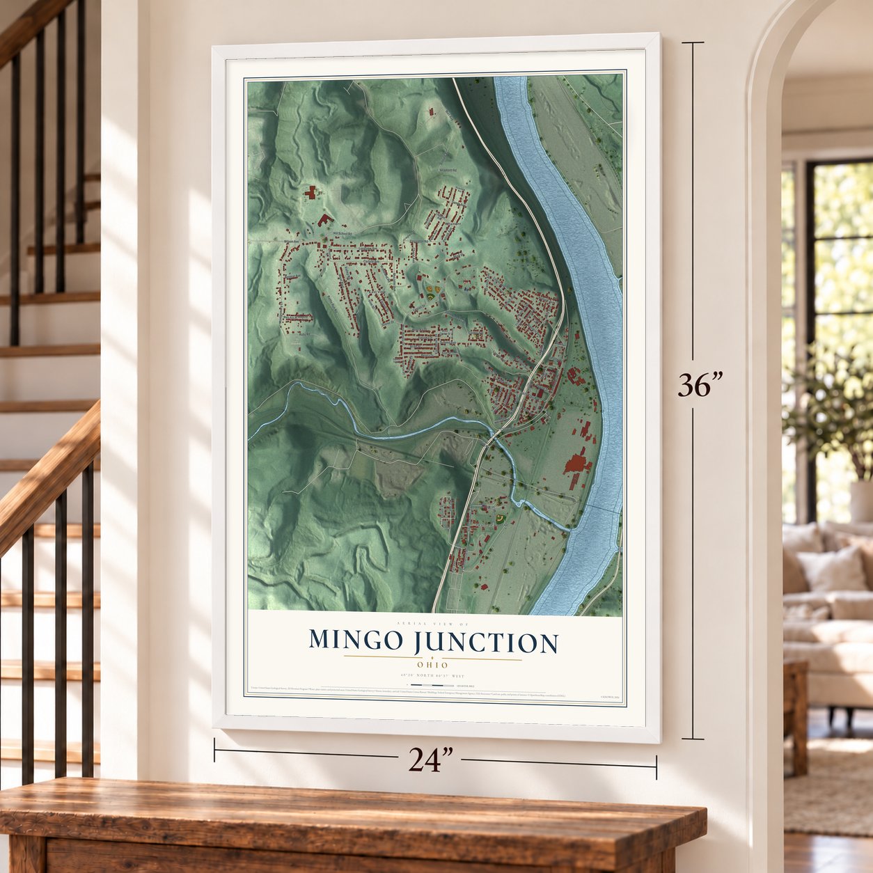 Mingo Junction, Ohio map, 24 x 36 inch print in a white frame by a staircase