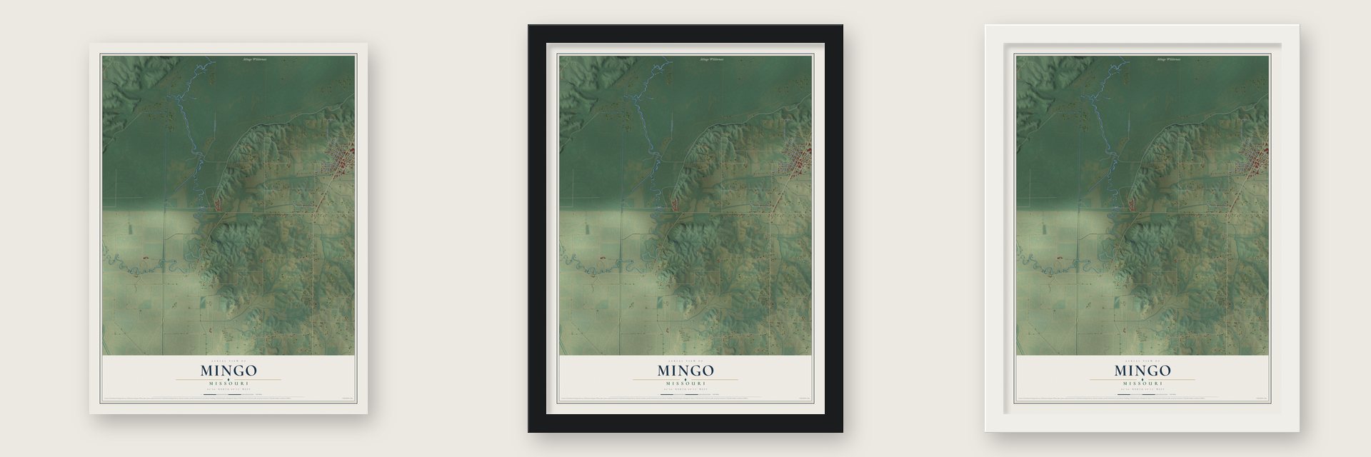Mingo, Missouri map unframed, in a black wood frame and in a white wood frame