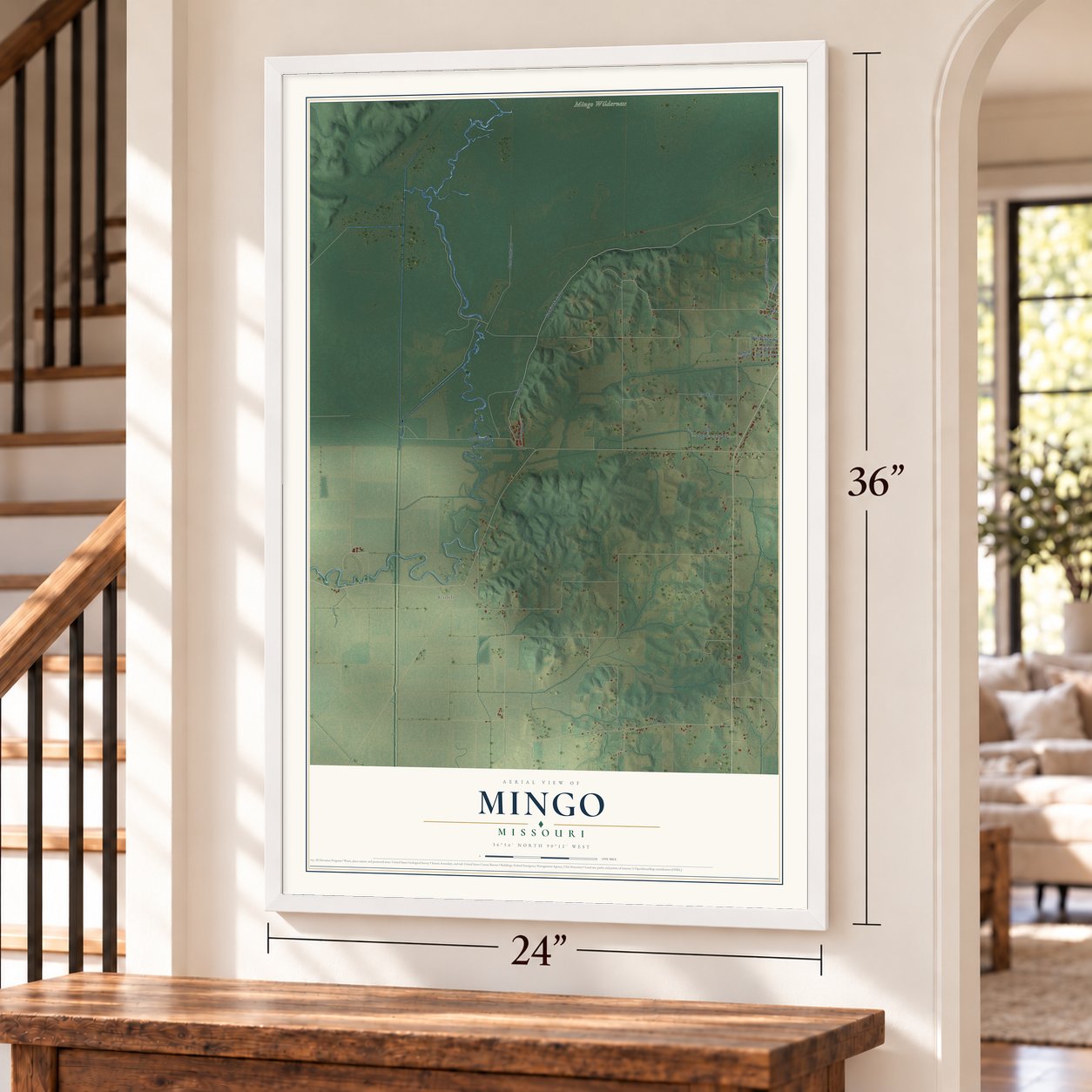 Mingo, Missouri map, 24 x 36 inch print in a white frame by a staircase