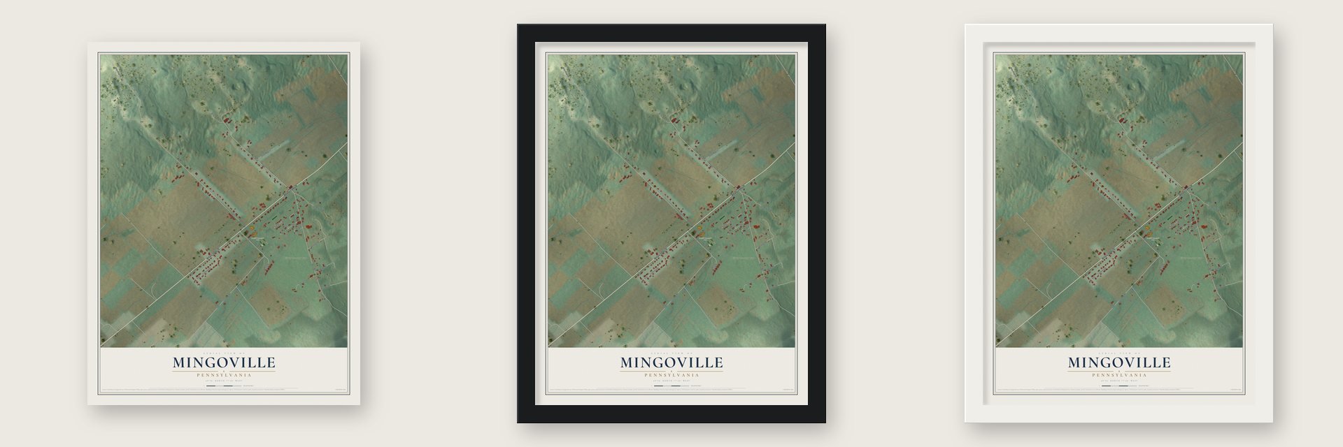 Mingoville, Pennsylvania map unframed, in a black wood frame and in a white wood frame