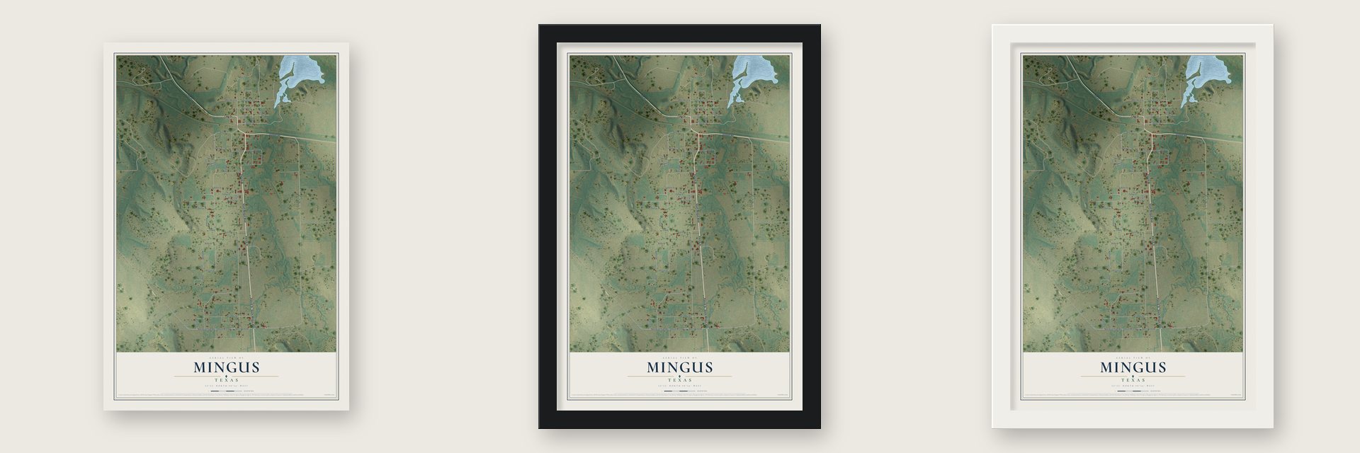 Mingus, Texas map unframed, in a black wood frame and in a white wood frame