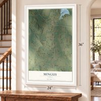 Mingus, Texas map, 24 x 36 inch print in a white frame by a staircase